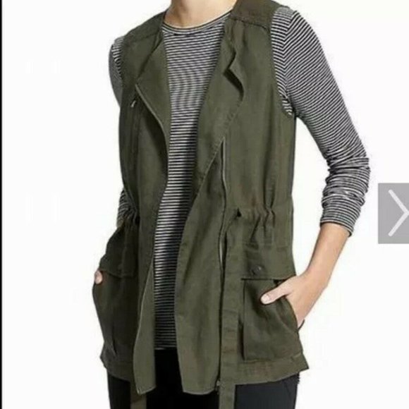 Athleta Wanderabout Size Small 100% Linen Olive Utility Tunic Length Zip Vest - Picture 11 of 11